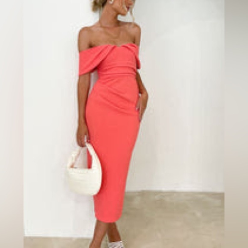Gingham & Heels Valeria Off Shoulder Midi Dress - Watermelon US 4.